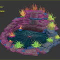 Natural Stone Water Fountain With Circular Blue Pool And Green Plants