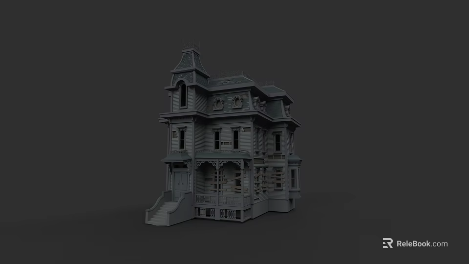 Detailed Three Story Detached Villa With Tower Balcony And Staircase Exterior 3d model 