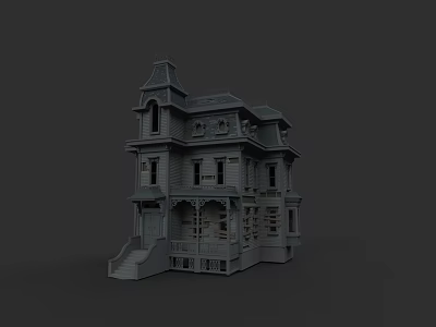 Detailed Three Story Detached Villa With Tower Balcony And Staircase Exterior 3d model