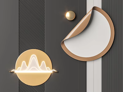 Wall Decor with Gold Sphere Curled Semi Circle Glowing Mountain Lines on Black Striped Background 3d model