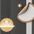 Wall Decor with Gold Sphere Curled Semi Circle Glowing Mountain Lines on Black Striped Background