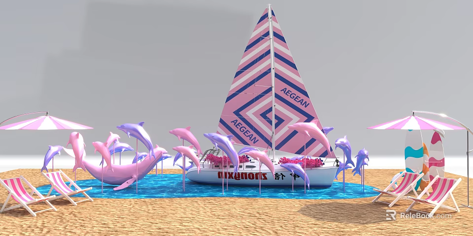 Pink And White Striped ARGOAN Sailboat With Pink Purple Dolphins On Beach And Blue Water 3d model 