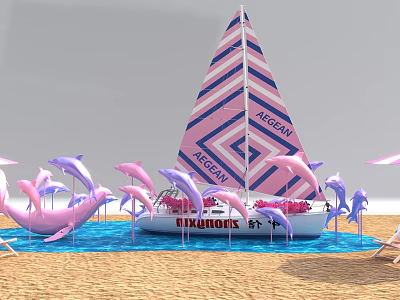 Pink And White Striped ARGOAN Sailboat With Pink Purple Dolphins On Beach And Blue Water 3d model