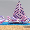 Pink And White Striped ARGOAN Sailboat With Pink Purple Dolphins On Beach And Blue Water