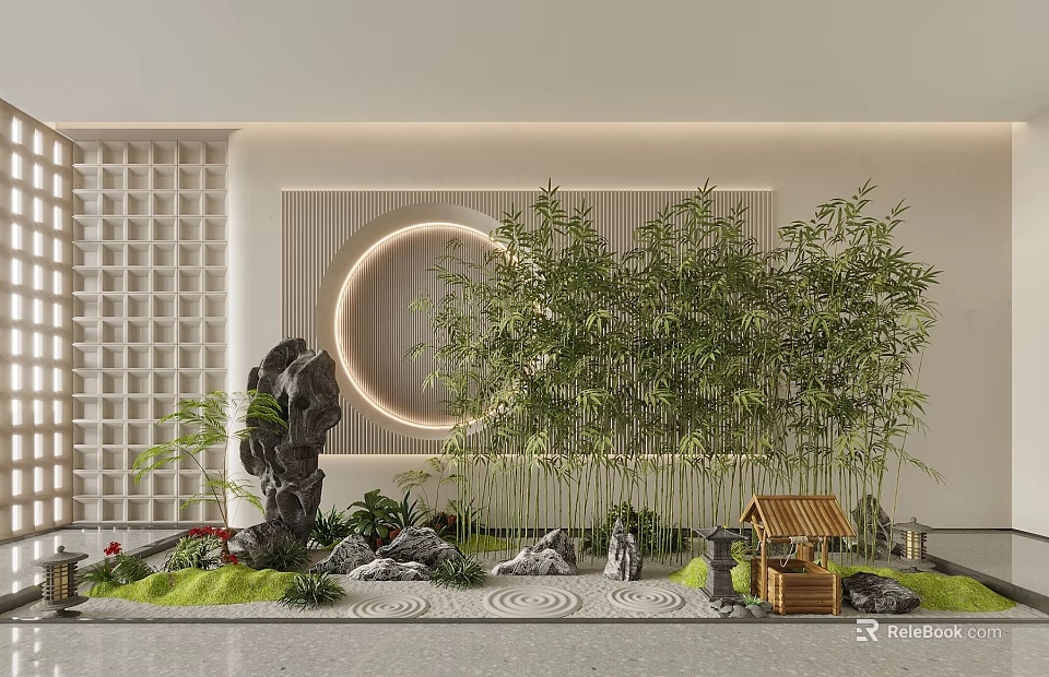 Modern Garden Landscape With Bamboo Rockery Stones Circular Light Strip Wooden Pavilion And Grid Wall 3d model 