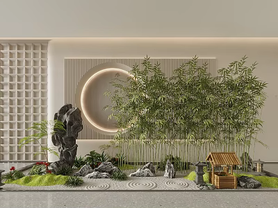 Modern Garden Landscape With Bamboo Rockery Stones Circular Light Strip Wooden Pavilion And Grid Wall 3d model