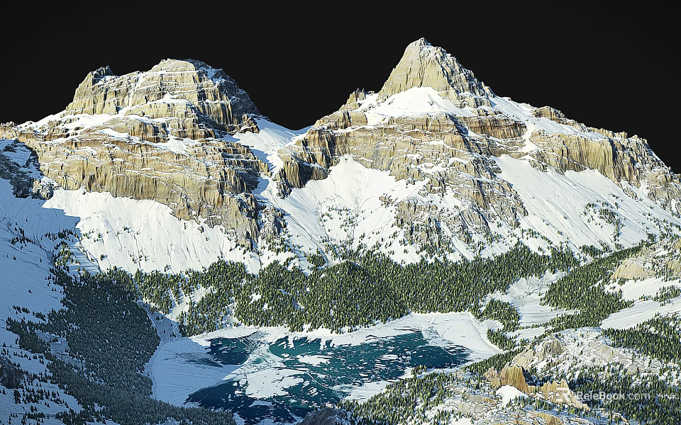 Breathtaking Mountain Landscape With Snow Capped Peaks Turquoise Lake And Lush Green Forest 3d model 