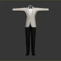 White Suit Mannequin With Black Bow Tie Black Pants Black Shoes And Outstretched Arms