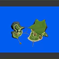 Cartoon Scenery With Green Islands Blue Water Surface Small Houses Curved Paths And Bridges