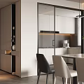Modern Dining Room Interior With Dining Table Chairs Hanging Lights Plant And Cabinets