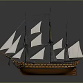 Classic Sailing Ship As Water Transport With Multiple Masts White Sails And Wooden Hull