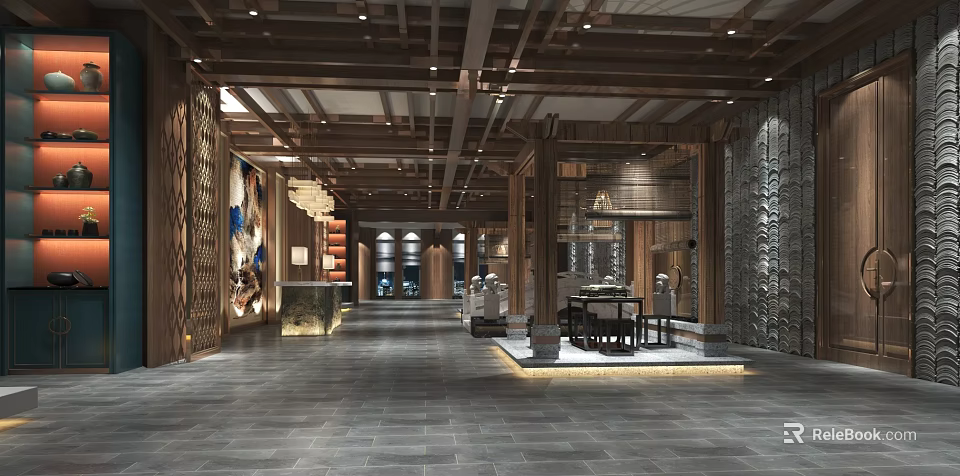 Chinese Style Front Desk Reception Area With Wooden Ceiling Stone Walls And Chandeliers Interior Design 3d model 