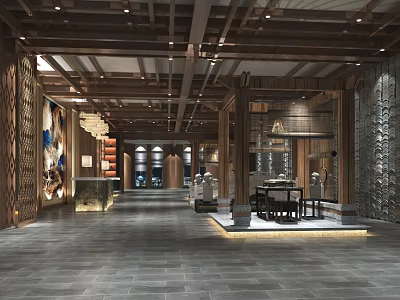 Chinese Style Front Desk Reception Area With Wooden Ceiling Stone Walls And Chandeliers Interior Design 3d model