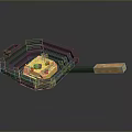 Household Frying Pan With Wooden Handle And Fried Egg Topped With Vegetables