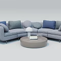 Gray Sectional Sofa With Soft Multiple Pillows And Round Coffee Table With Lamp And Books 3d model