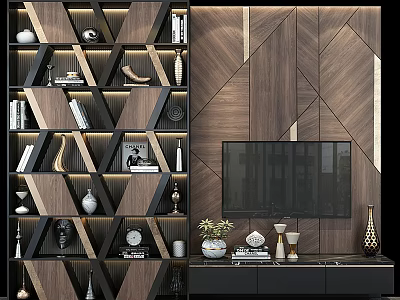 Modern Geometric Wooden TV Wall With Decorative Shelves And Gold Accents 3d model