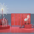 Red Themed Display With Chinese Calligraphy Scrolls Firework Decoration And White Flower