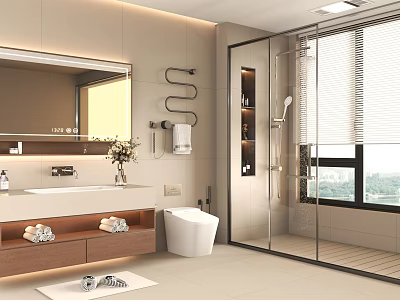 Modern Bathroom Interior With Large Mirror Vanity Toilet Glass Shower And Natural Light 3d model