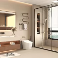 Modern Bathroom Interior With Large Mirror Vanity Toilet Glass Shower And Natural Light