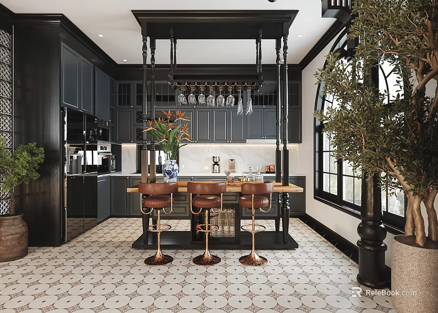 Elegant Kitchen Interior With Black Cabinets Island Counter Bar Stools Green Plants And Patterned Tiles 3d model 