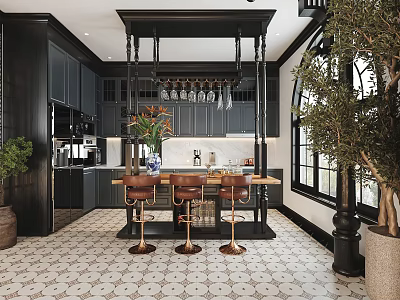 Elegant Kitchen Interior With Black Cabinets Island Counter Bar Stools Green Plants And Patterned Tiles 3d model