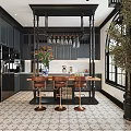 Elegant Kitchen Interior With Black Cabinets Island Counter Bar Stools Green Plants And Patterned Tiles