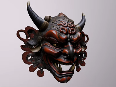 Traditional Horned Mask Sculpture With Intricate Carved Patterns Dark Red Brown Finish Handcrafted Artistic Design 3d model