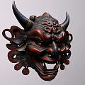 Traditional Horned Mask Sculpture With Intricate Carved Patterns Dark Red Brown Finish Handcrafted Artistic Design