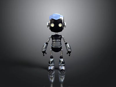 Small Metallic Robot With Silver Black Body And Glowing Eyes Standing On Dark Background 3d model