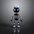 Small Metallic Robot With Silver Black Body And Glowing Eyes Standing On Dark Background