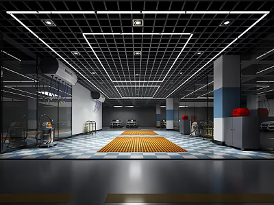 4S Car Workshop Interior With Grid Ceiling Lighting And Service Bay Floor Design 3d model