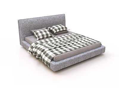 Modern Double Bed With Gray Headboard And Black White Checkered Bedding 3d model
