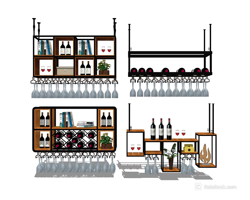 Modern Wine Cabinet Designs With Hanging Shelves Wine Bottles And Glasses 3d model 