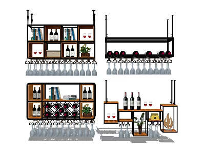 Modern Wine Cabinet Designs With Hanging Shelves Wine Bottles And Glasses 3d model