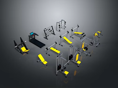 Various Gym Fitness Equipment With Treadmill Bench Dumbbell Racks And Yellow Black Design 3d model