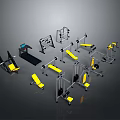 Various Gym Fitness Equipment With Treadmill Bench Dumbbell Racks And Yellow Black Design