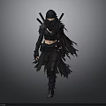 Woman in Black Ninja Style Outfit With Hooded Mask Swords on Back and Tattered Edges