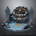 Ornate Fantasy Throne Design With Icy Blue Accents Stone Base And Golden Emblem