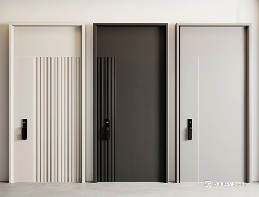 Three Modern Security Doors Black And Light Colored With Vertical Stripes And Black Handles 3d model 