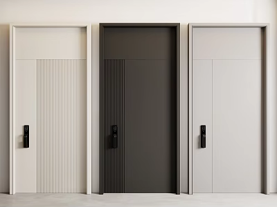 Three Modern Security Doors Black And Light Colored With Vertical Stripes And Black Handles 3d model