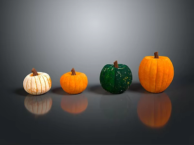 Four Colorful Pumpkins White Striped Orange And Green Arranged On Gray Background With Clear Reflections 3d model
