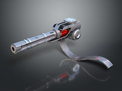 Futuristic Sci Fi Gun With Metallic Silver Body Red Glowing Mechanical Barrel And Chain Cable 3d model