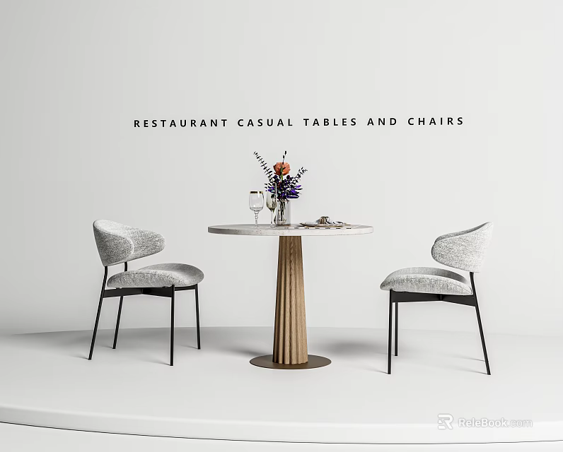 Casual Restaurant Tables And Chairs With Round Wooden Table And Upholstered Chairs 3d model 