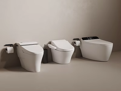 Three White Wall Mounted Modern Design Toilets In Minimalist Bathroom Interior 3d model