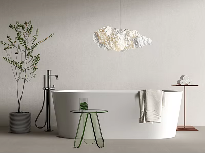 Modern White Bathtub with Cloud Shaped Pendant Light Green Side Table Hanging Towel and Plant 3d model