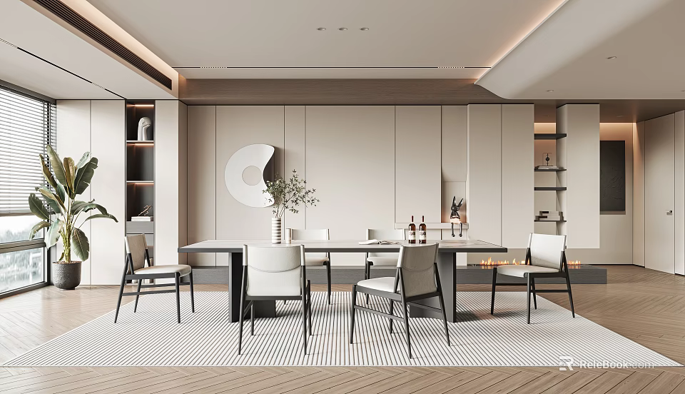 Modern Restaurant Interior Design With Dining Table Chairs Green Plants Wall Decor And Open Layout 3d model