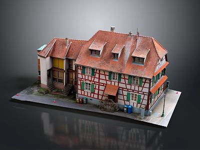 Multi Gable Traditional Half Timbered Building Model With Red Tile Roof And Green Windows 3d model