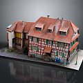 Multi Gable Traditional Half Timbered Building Model With Red Tile Roof And Green Windows