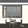Modern Minimalist Desk Setup With Window Blinds Bookshelf Lamp Laptop And Chair