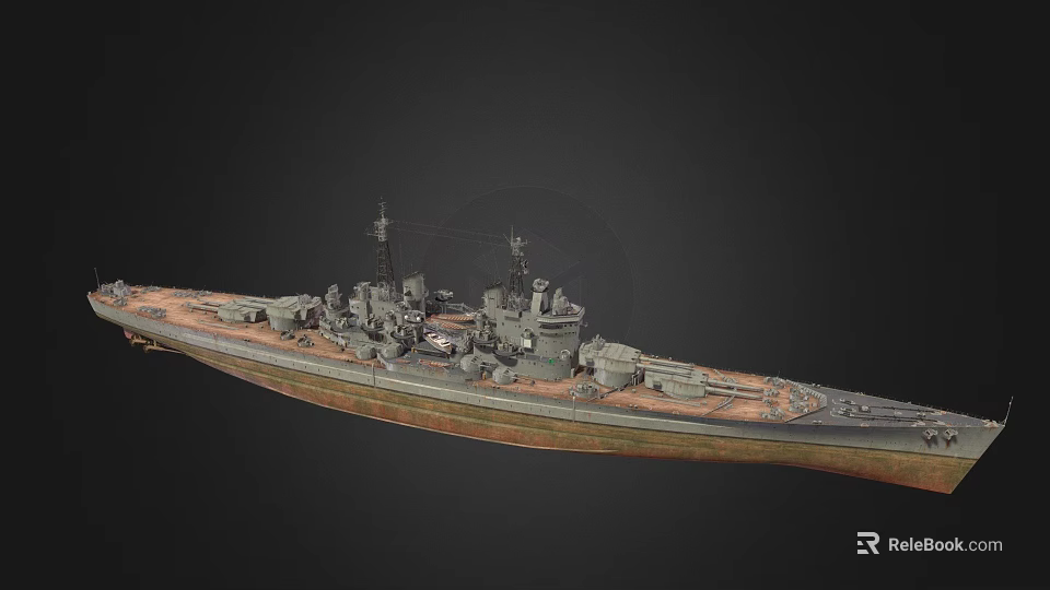 Detailed Military Battleship Weapon Model With Armored Deck Main Turrets And Antennas 3d model 